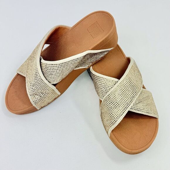 FitFlop RITZY Gold Metallic Sparkle Crisscross Orthotic Slide Sandals - Picture 9 of 16